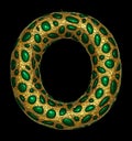 Golden shining metallic 3D with green glass symbol capital letter O - uppercase isolated on black.