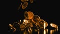 Golden and shiny Ancient Roman Coins falling on black background 3d render