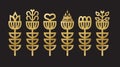 Golden shiny assorted abstract isolated thick line art deco vertical blooming flowers with leaves icons set on black