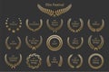 Golden shiny award laurel wreaths with different nominations isolated on grey background. Vector Film Awards design Royalty Free Stock Photo