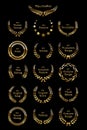 Golden shiny award laurel wreaths isolated on black background. Vector Film Awards design elements. Royalty Free Stock Photo