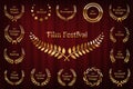 Golden shiny award laurel wreaths isolated on red curtain background. Vector Film Awards design elements. Royalty Free Stock Photo