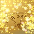 Golden shiny bokeh New Year 2019 luxury premium light template with golden poster with clock and lights. Vector background. 2019 Royalty Free Stock Photo