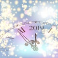 Golden shiny bokeh New Year 2019 luxury premium light template with golden poster with clock and lights. Vector background. 2019 Royalty Free Stock Photo