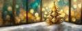 Golden shiny Christmas tree in winter snowy landscape. Enchanted fairy magical forest. New Year Eve night background. Royalty Free Stock Photo