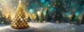 Golden shiny Christmas tree in winter snowy landscape with star above. Enchanted magical forest. New Year Eve night Royalty Free Stock Photo