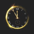 Golden shiny clock vector illustration. Luxury sparkling round dial isolated on black background. Arrow showing five