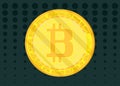 Golden shiny coin bitcoin on a dark green background stock