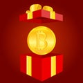 Golden shiny coin with bitcoin symbol, red gift box. Cryptocurrency concept. Graphic design for sticker, mobile app or