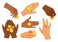 Golden shiny coins in palms flat illustrations set