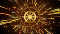 Golden Shiny Dharmacakra Or Dharma Wheel Buddhism Symbol Light Streaks Burst With Glitter Sparkle Particles