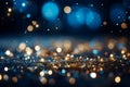 Golden Shiny glitter lights abstract luxury blurry blue bokeh circles on black background, defocused. Generative Ai Royalty Free Stock Photo