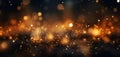 Golden Shiny glitter lights abstract luxury blurry bokeh circles on black background, defocused, banner. Generative Ai Royalty Free Stock Photo