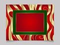 Golden shiny glowing blank Christmas frame. Gold metal waves festive border with traditional red and green. Winter holidays