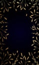 Golden shiny glowing ornate frame isolated over dark blue. Golden luxury elegant floral border. Illustration template Royalty Free Stock Photo