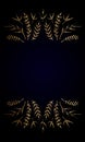 Golden shiny glowing ornate frame isolated over dark blue. Golden luxury elegant floral border. Illustration template Royalty Free Stock Photo