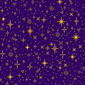 Golden shiny magical cartoon stars on dark purple sky, childish seamless pattern, vector