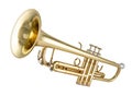 Golden shiny new metallic brass trumpet music instrument isolated white background. musical equipment entertainment orchestra band