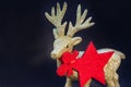 Golden  shiny reindeer figurine on a dark background. Christmas background card  gift card  red star - pendant tag. Copy space Royalty Free Stock Photo