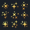 Golden shiny sparkle stars, flash lights glitter sparks. Twinkling gold sparkles, shiny stars silhouettes flat vector symbols