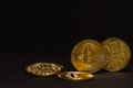 golden shiny valuable bitcoins front and back side with black