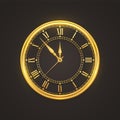 Golden shiny watch with Roman numeral and countdown midnight, eve for New Year. Festive clock face design element. Merry Christmas Royalty Free Stock Photo