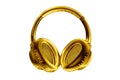 Golden shiny wireless headphones on white background isolated close up, luxury gold metal bluetooth headset, yellow earphones