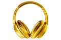 Golden shiny wireless headphones on white background isolated closeup, expensive gold metal bluetooth headset, yellow earphones