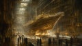Golden Ship Under Construction in a Futuristic Factory Royalty Free Stock Photo