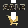 Golden shopping cart with discount and arrow premium invitation to buy