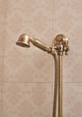 Golden shower head on wall with faience. Vintage shower head