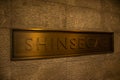 SEOUL, SOUTH KOREA - MAY 5, 2018: The golden sign at the entrance outside Shinsegae department store in Myeongdong Seoul