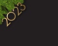 Golden 2023 sign with green fir background with space for text