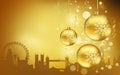 Golden silhouette background of London buildings against Christmas tree toys with snow flakes Royalty Free Stock Photo