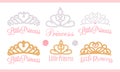 A set of small diadems. Vector design element for royal party baby, bridal shower; wedding: birthday Princess gold crown with g