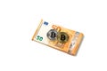 Golden and silver bitcoin over Euro money. Bitcoin cryptocurrency. Crypto currency concept. Bitcoin with euro bills. Bitcoins stac Royalty Free Stock Photo