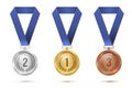 Golden, silver and bronze blank medals hanging on blue ribbons isolated on white background. Vector sports illustration Royalty Free Stock Photo