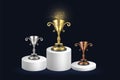 Golden, silver and bronze championship rewards. White 3D Cylinder solid pedestal podium. Winner Cup and Victory Concept Royalty Free Stock Photo