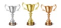 Golden silver and bronze cup awards, champion winner trophy prizes set, realistic 3D design