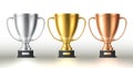 Golden silver bronze cups. Different prize places awards, realistic metal goblets, winners trophies for first second and Royalty Free Stock Photo