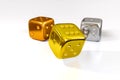 Golden, silver and bronze dice isolated on white background. 3D rendering Royalty Free Stock Photo