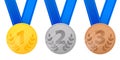 Golden silver bronze first second third place medal set. Medals of sport competition. Cartoon design for poster, icon Royalty Free Stock Photo