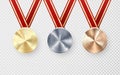 Golden Silver and Bronze medals with laurel hanging on red ribbon. Award symbol of victory and success. Vector illustration Royalty Free Stock Photo