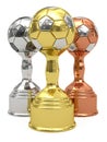 Golden, silver and bronze soccer trophies