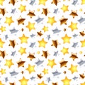 Golden, silver and bronze stars on white, seamless pattern
