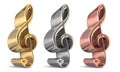 Golden, silver and bronze treble clefs 3D