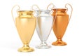 Golden, silver and bronze trophy cups, 3D rendering