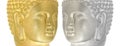 Golden and silver Buddha\'s statue detail on white background.