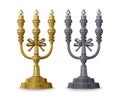 Golden and silver candelabrums with three candlesticks isolated on white background