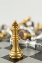 Golden and Silver chess surrounded by a number of fallen chess pieces, business strategy, chess battle, victory, success, teamwork Royalty Free Stock Photo